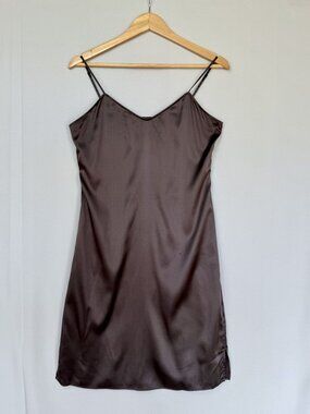 Chocolate Brown Silk Stretch Satin Spaghetti Strap Mini Slip Dress Size Medium
